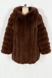 Coffee Puffy Long Sleeve Hooded Faux Fur Women Coat