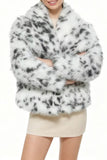 Apricot Leopard Print Faux Fur Women Coat with Long Sleeves