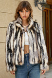 Black Striped Faux Fur Stand Collar Women Coat