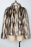 Black Striped Faux Fur Stand Collar Women Coat