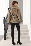 Coffee Faux Fur Shawl Lapel Women Coat with Belt