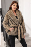 Coffee Faux Fur Shawl Lapel Women Coat with Belt
