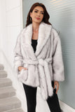 Coffee Faux Fur Shawl Lapel Women Coat with Belt