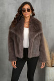 Burgundy Faux Fur Long Sleeve Shawl Lapel Women Winter Coat