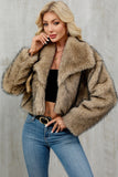 Brown Faux Fur Shawl Lapel Women Short Winter Coat