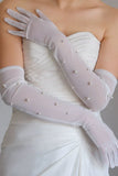 White Lace Beaded Long Bridal Wedding Gloves with Pearls