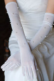 White Lace Beaded Long Bridal Wedding Gloves with Pearls