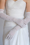 White Lace Beaded Long Bridal Wedding Gloves with Pearls