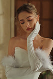 White Satin Long Wedding Gloves with Feathers