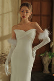 White Satin Long Wedding Gloves with Feathers
