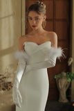 White Satin Long Wedding Gloves with Feathers