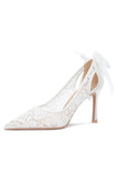 Elegant Ivory Lace Pointed-Toe Wedding Stiletto Heels Wedding Shoes with Bow