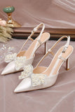 Ivory Pointed Rhinestone Patent High Heels with Bow
