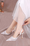 Elegant White Pointed Slingback Stiletto Heels Wedding Shoes with Floral Appliques