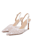 Elegant White Pointed Slingback Stiletto Heels Wedding Shoes with Floral Appliques