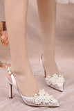 Lace Ivory Beaded Pointed Stiletto High Heels Wedding Shoes with Pearls