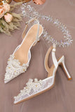 Lace Ivory Beaded Pointed Stiletto High Heels Wedding Shoes with Pearls