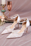 Ivory Lace Pointed Pearls Stilettos High Heels Wedding Shoes with Ankle Strap