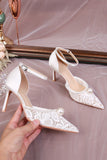 Ivory Lace Pointed Pearls Stilettos High Heels Wedding Shoes with Ankle Strap