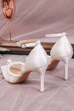 Ivory Lace Pointed Pearls Stilettos High Heels Wedding Shoes with Ankle Strap