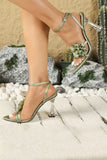 Green Ankle Strap Open Toe Transparent High Heels with 3D Flower