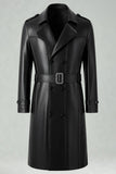 Black Notched Lapel Leather Double Breasted Men's Long Trench Coat