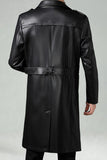 Black Notched Lapel Leather Double Breasted Men's Long Trench Coat