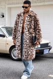 Brown Leopard Faux Fur Open Front Long Men's Coat