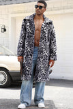 Coffee Leopard Shawl Collar Long Faux Fur Men's Coat