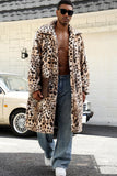 Coffee Leopard Shawl Collar Long Faux Fur Men's Coat