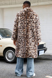 Brown Leopard Thick Faux Fur Open Front Long Men's Coat
