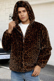 Brown Leopard Faux Fur Hooded Men's Winter Coat