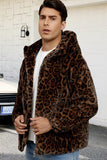 Brown Leopard Faux Fur Hooded Men's Winter Coat