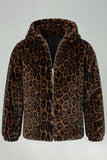 Brown Leopard Faux Fur Hooded Men's Winter Coat