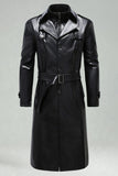 Black Leather Notched Lapel Men's Trench Coat with Belt