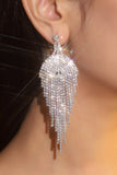 Sparkly Silver Long Teardrop Fringed Prom Drop Earrings with Rhinestones