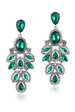 Sparkly Dark Green Leaf Shaped Long Prom Drop Earrings with Rhinestones