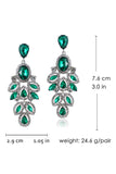 Sparkly Dark Green Leaf Shaped Long Prom Drop Earrings with Rhinestones