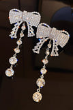 Sparkly Silver Bow Rhinestones Prom Drop Earrings