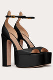 Elegant Black Chunky Open Toe Prom High Heels Pump with Ankle Strap