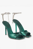 Sparkly Dark Green Rhinestones Stilettos High Heels Sandal with Ankle Chain