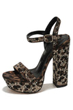 Open Toe Coffee Leopard Print Chunky Prom High Heels Pumps with Rhinestones