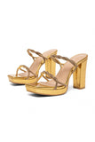Sparkly Golden Double Strap Rhinestones Prom High Heels Chunky Sandal
