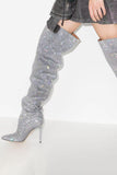 Sparkly Silver Rhinestones Stilettos Over The Knee Prom Boots