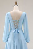 Sky Blue Chiffon A-Line V Neck Long Wedding Guest Dress with Slit