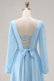 Sky Blue V Neck Long Sleeves Ruched Wedding Guest Dress with Slit