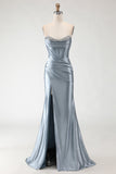 Grey Blue Mermaid Beaded Strapless Corset Ruched Long Prom Dress with Slit