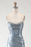 Grey Blue Mermaid Beaded Strapless Corset Ruched Long Prom Dress with Slit