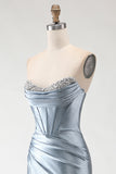 Grey Blue Mermaid Beaded Strapless Corset Ruched Long Prom Dress with Slit