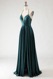 Dark Green Halter A Line Pleated Long Prom Dress with Slit